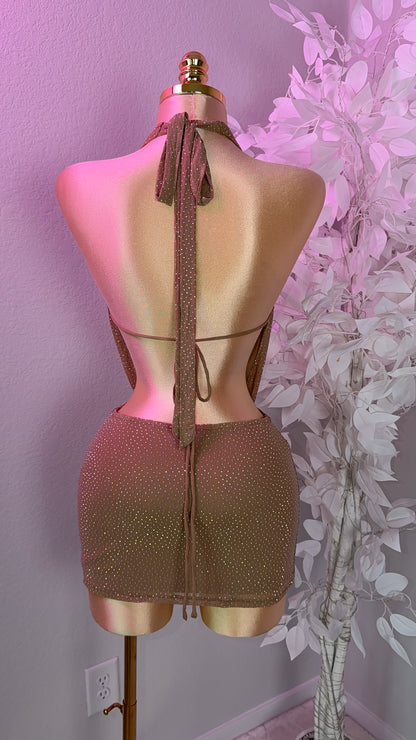 Nova Rhinestone Halter Dress - Nude
