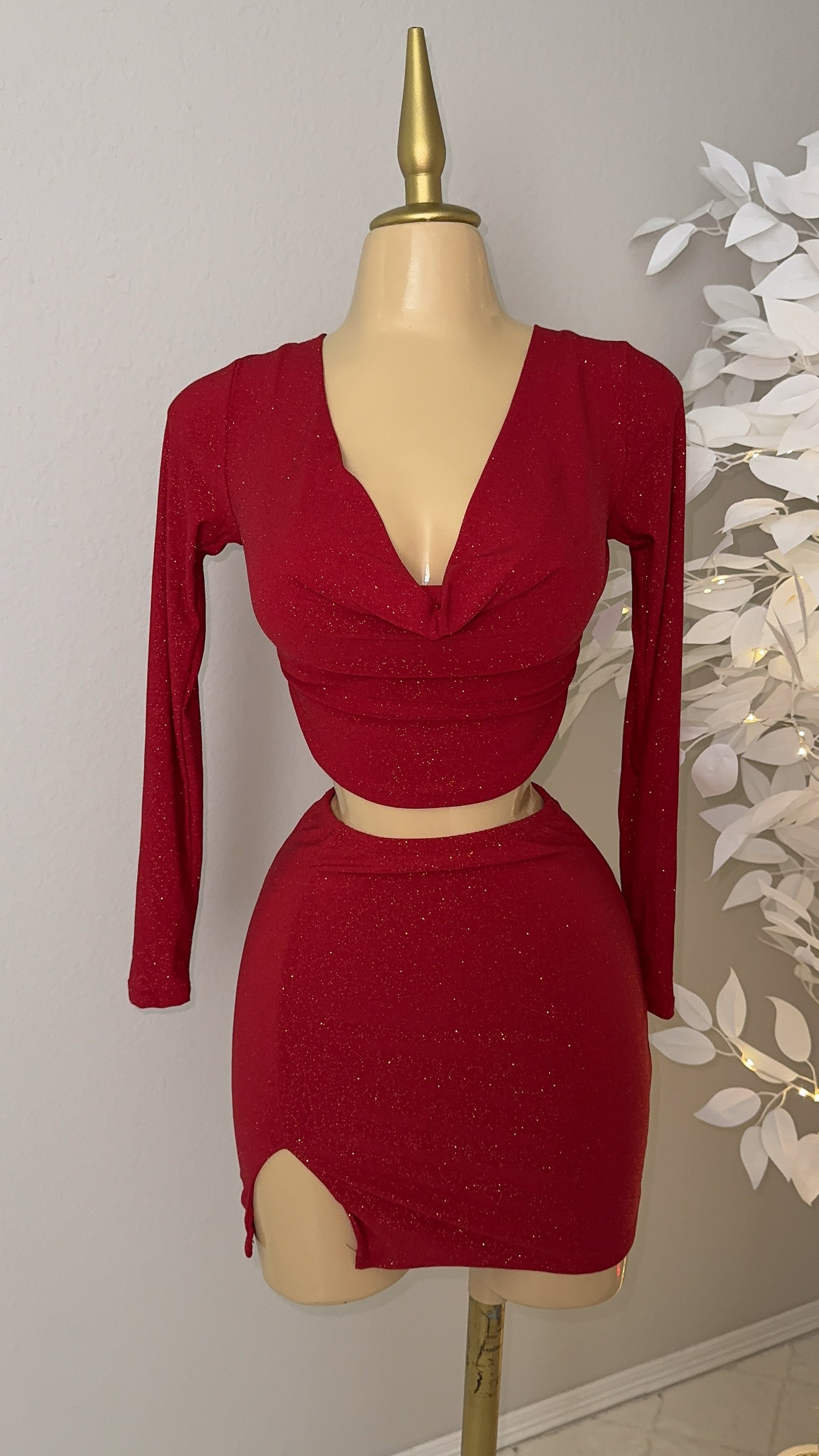 Nina Glitter Skirt Set - Red