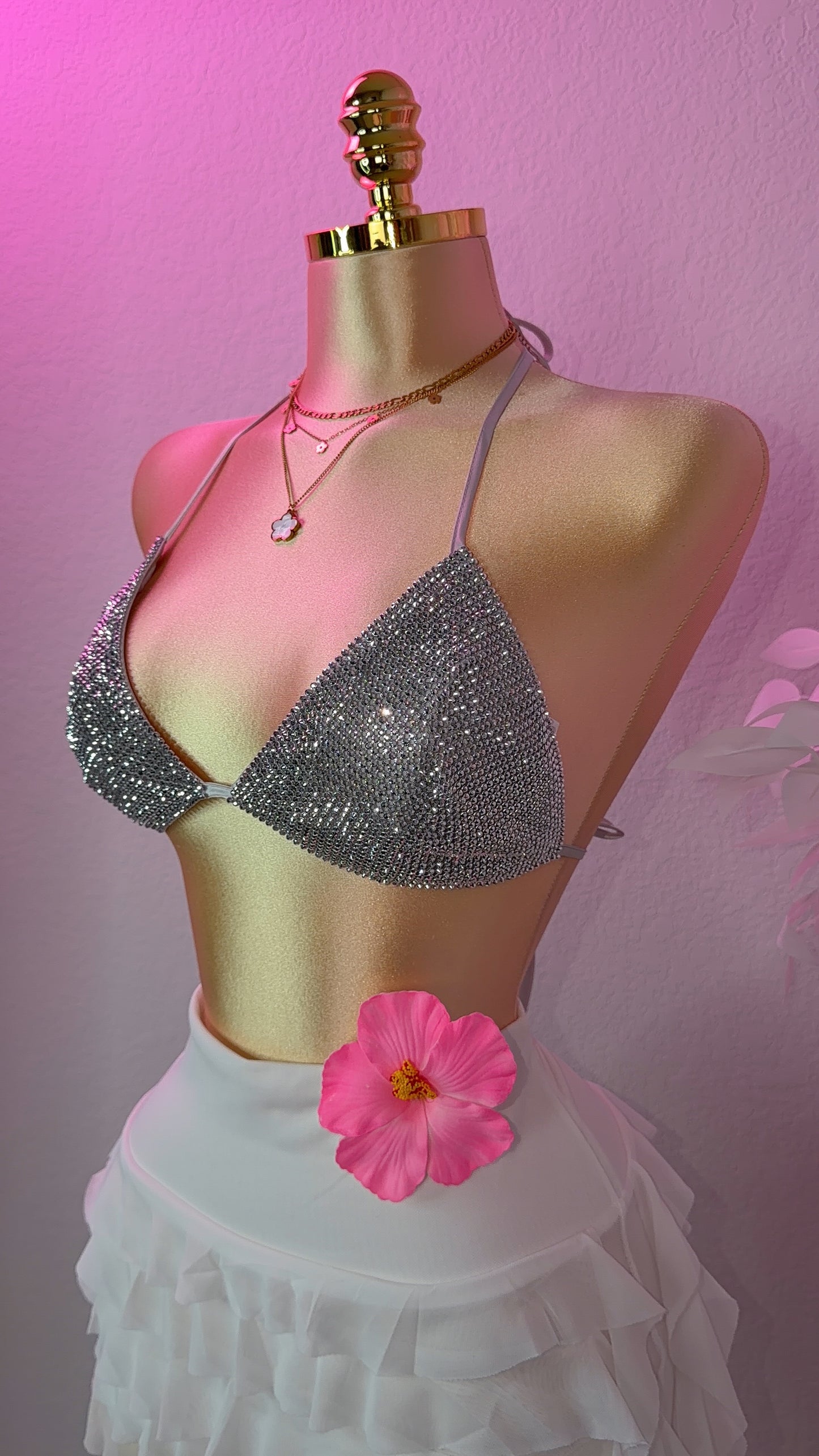 Del Cora Rhinestone Bikini Top - Silver