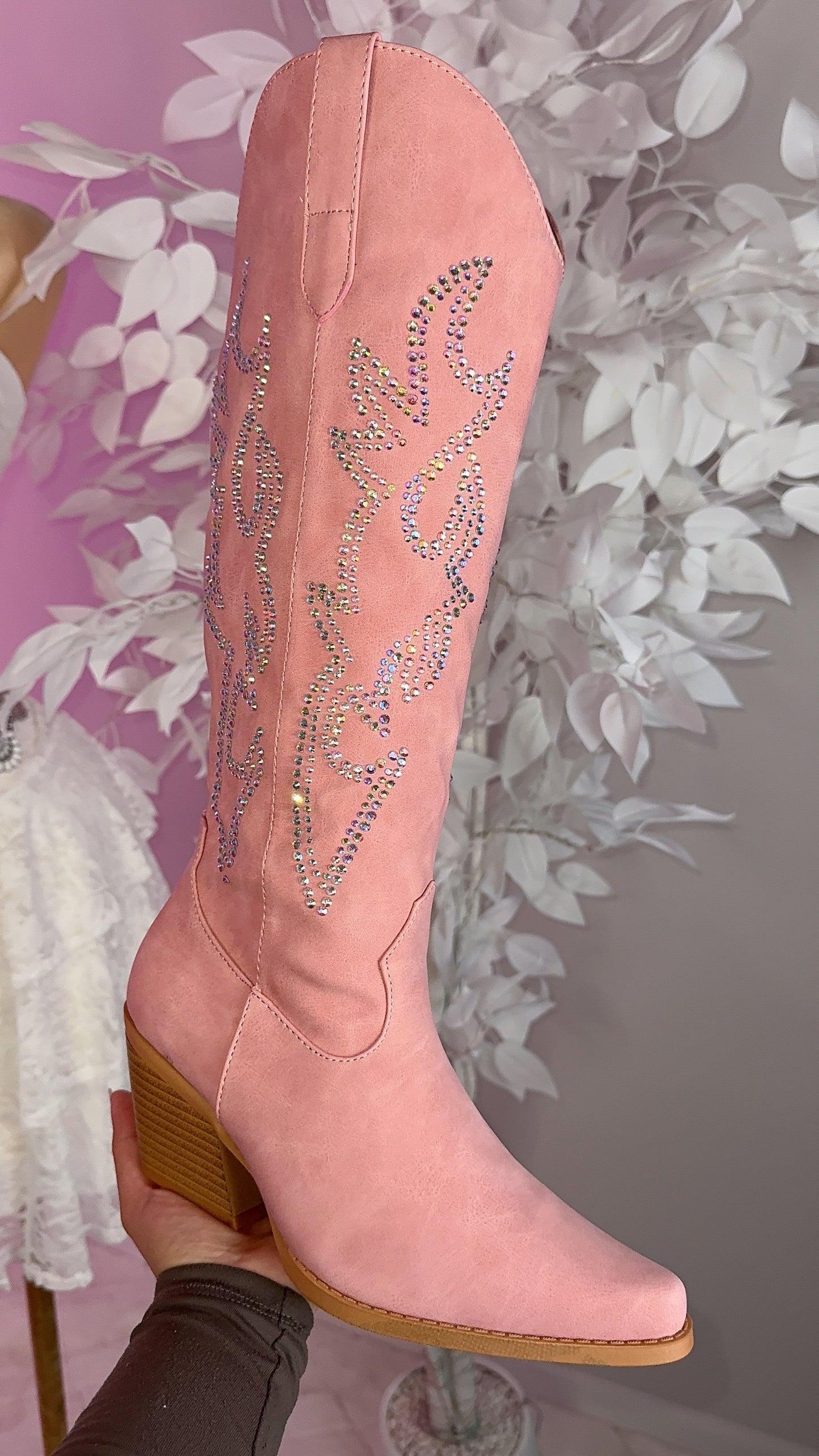 Samantha Rhinestone Western Boots - Pink - Wide Calf Friendly