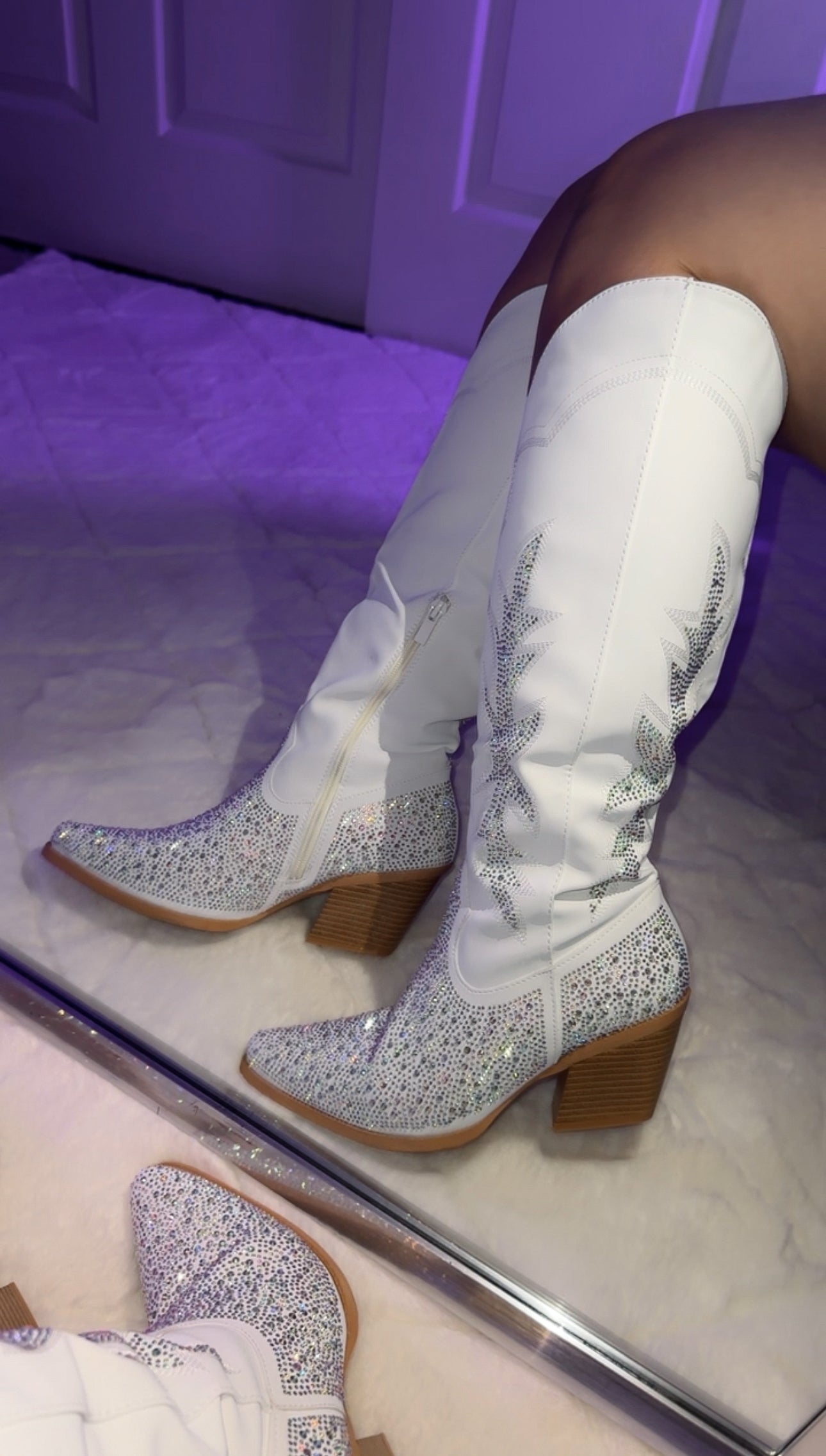 Andrea Rhinestone Western Boots - White (Wide Calf Friendly)