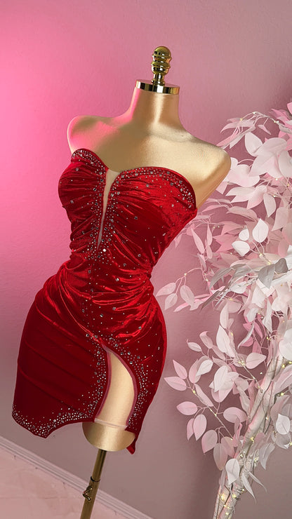 Ruby Velvet Rhinestone Dress - Red (Plus Size Available)