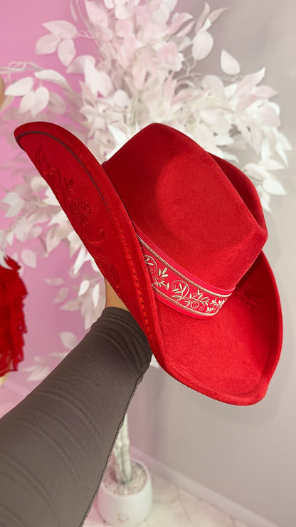 Embroidered Western Hat - Red