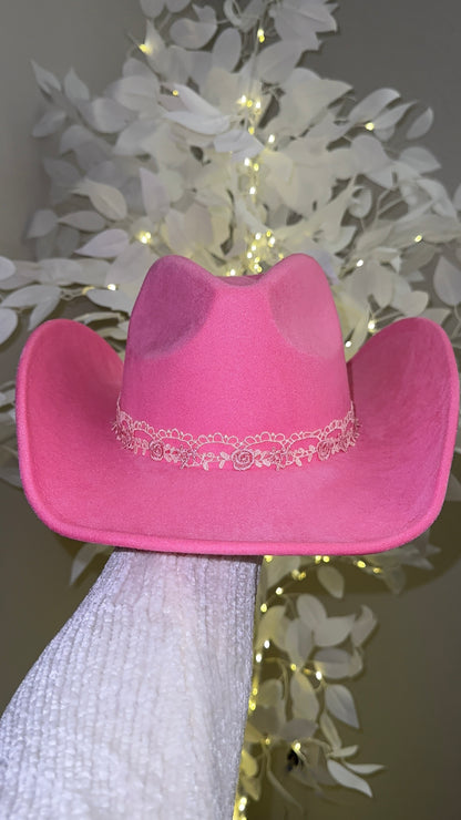 Floral Lace Western Hat - Pink
