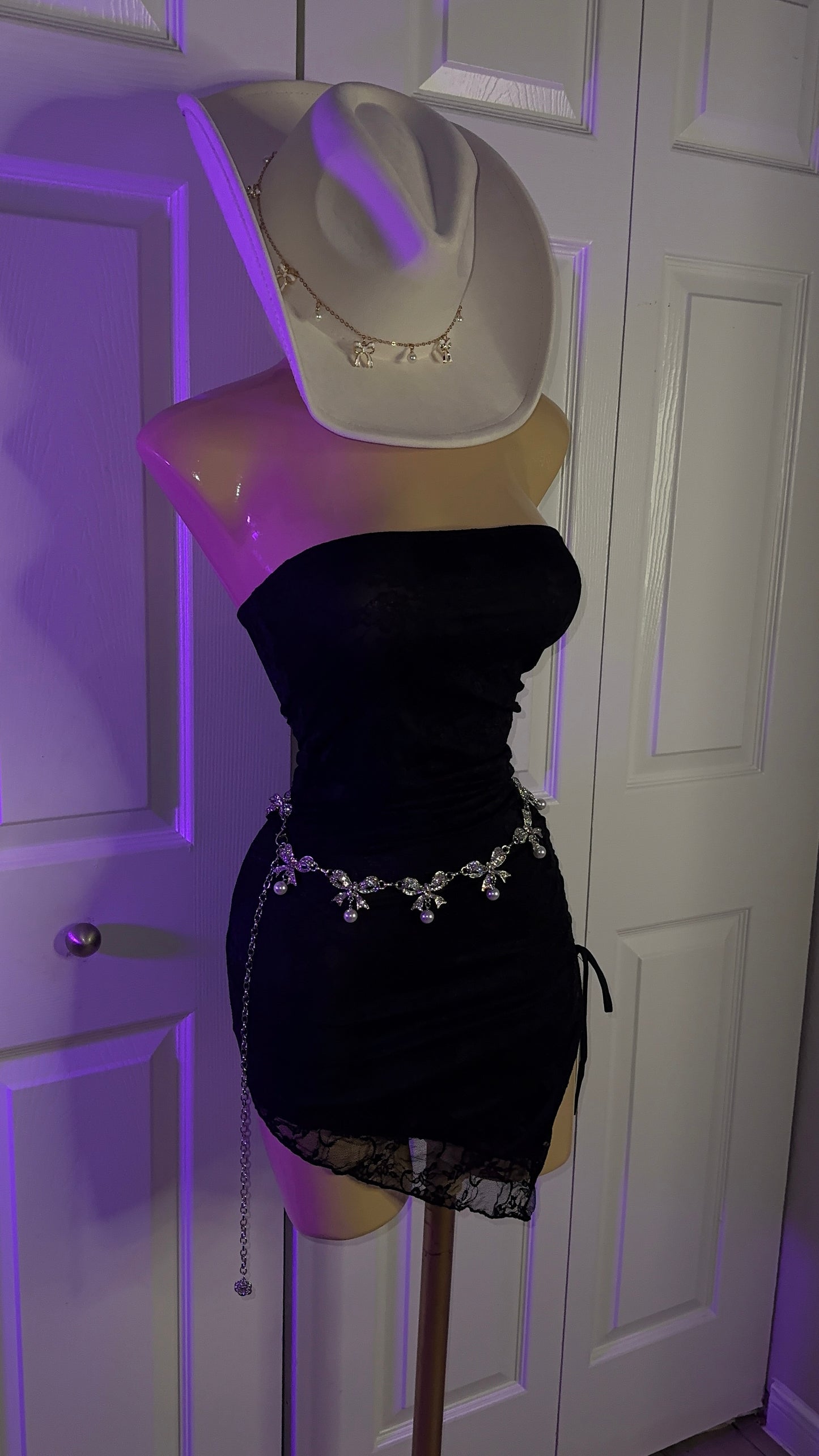Bow Rhinestone / Pearl Chain Belt - Silver