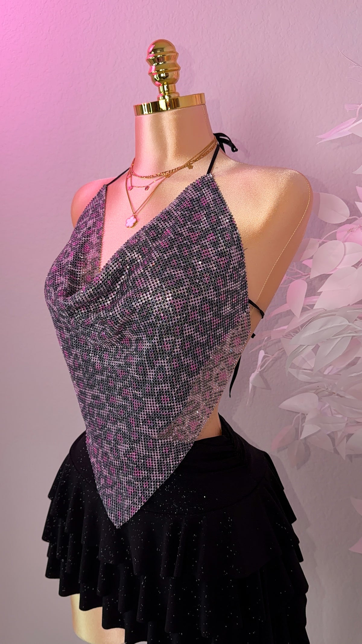 Zahara Rhinestone Top - Pink Leopard