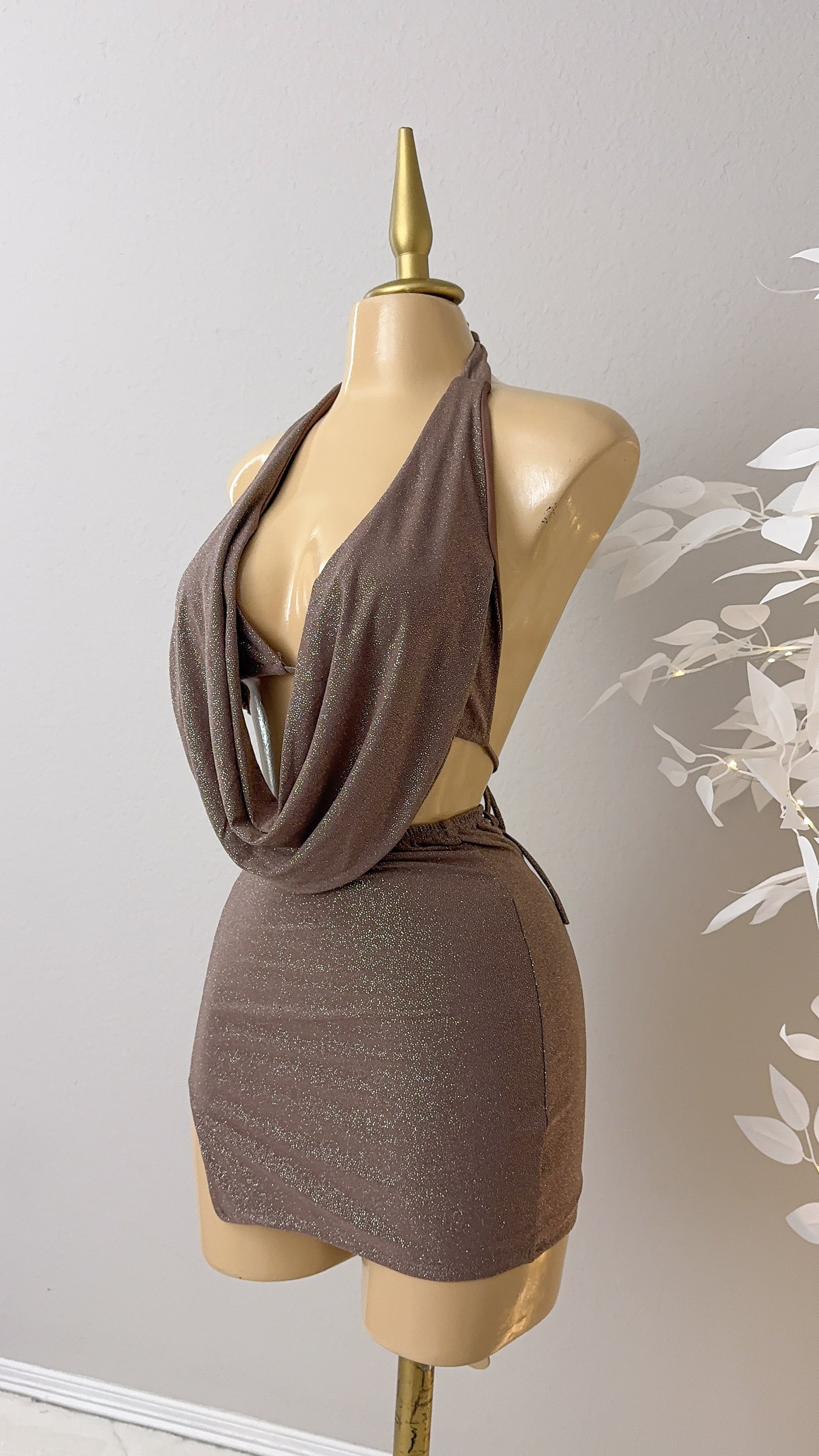 Arianna Glitter Skirt Set - Brown