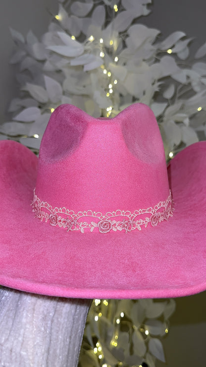 Floral Lace Western Hat - Pink