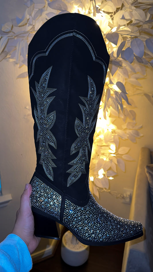 Andrea Rhinestone Western Boots - Black (Wide Calf Friendly)New Color