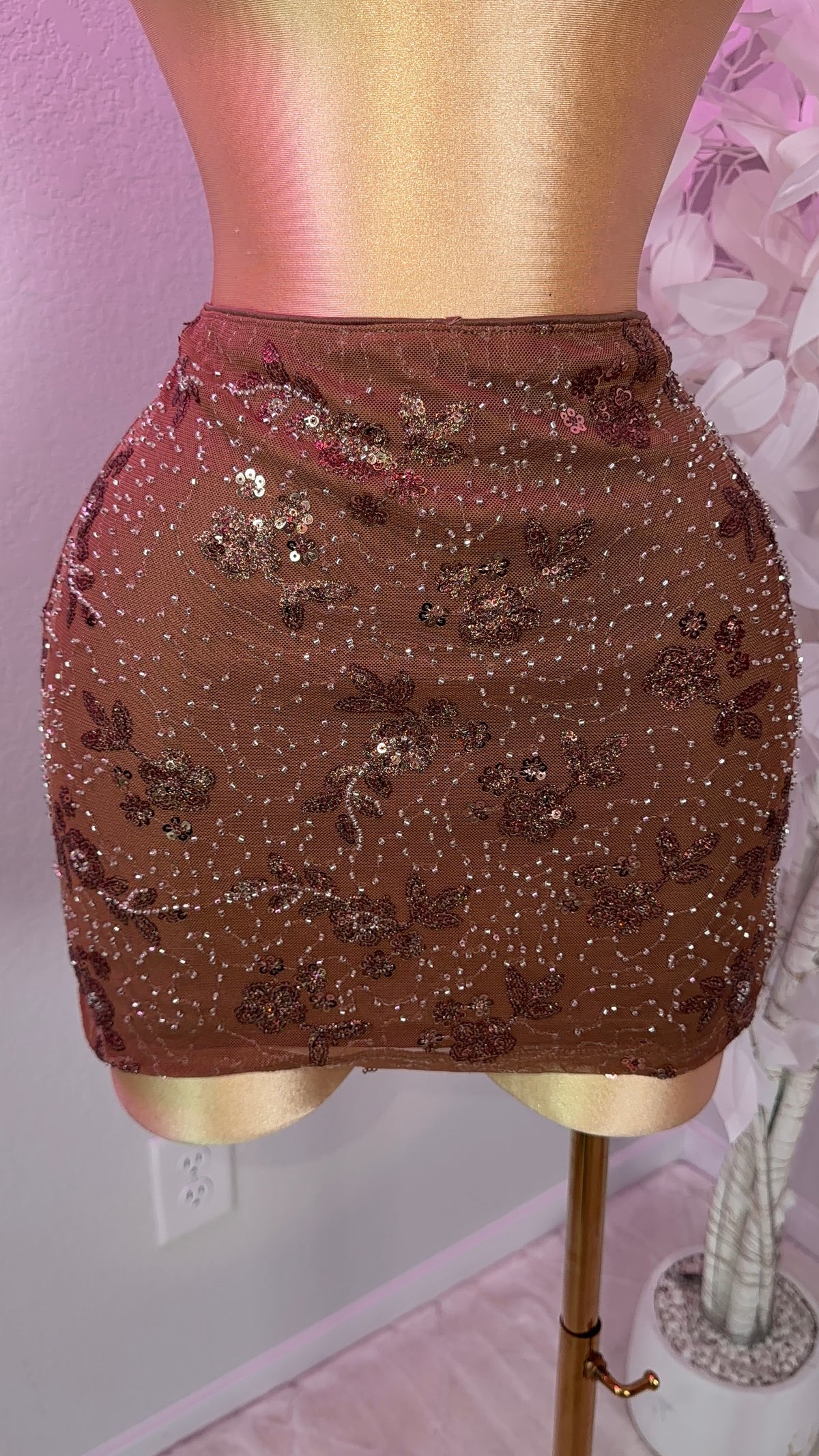 Ari Beaded Skirt Set - Brown (Built In Shorts)
