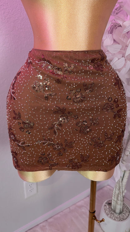 Ari Beaded Skirt Set - Brown (Built In Shorts)
