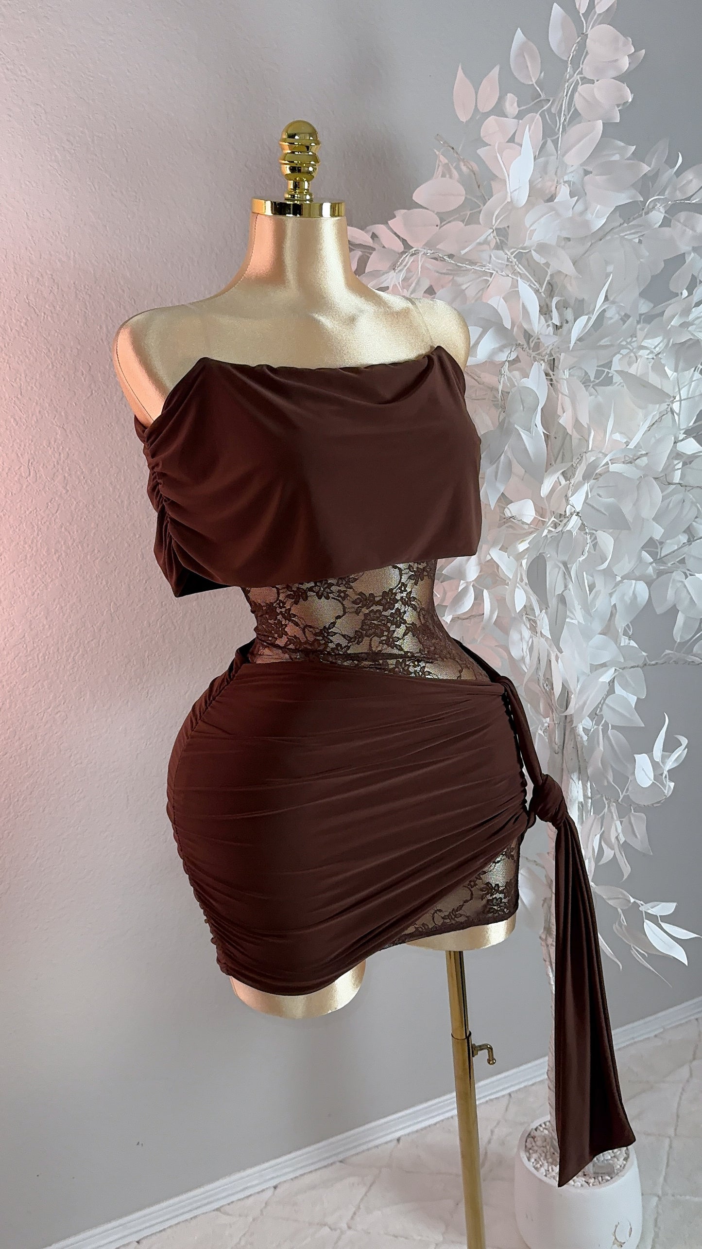 Ava Lace Mini Dress - Brown