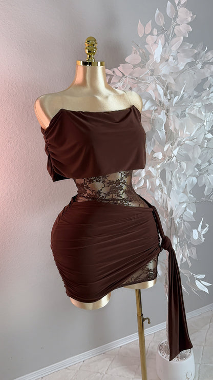 Ava Lace Mini Dress - Brown