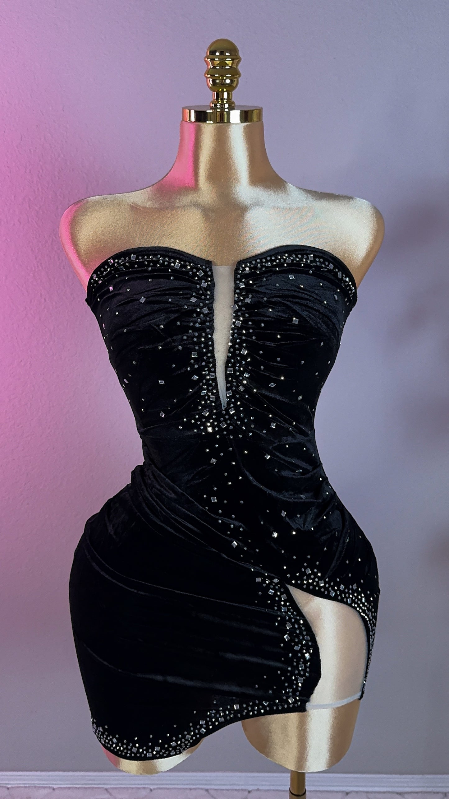 Ruby Velvet Rhinestone Dress - Black (Plus Size Available)