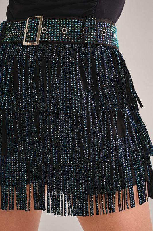 Mamiii Fringe Skort - Black/Blue Rhinestones