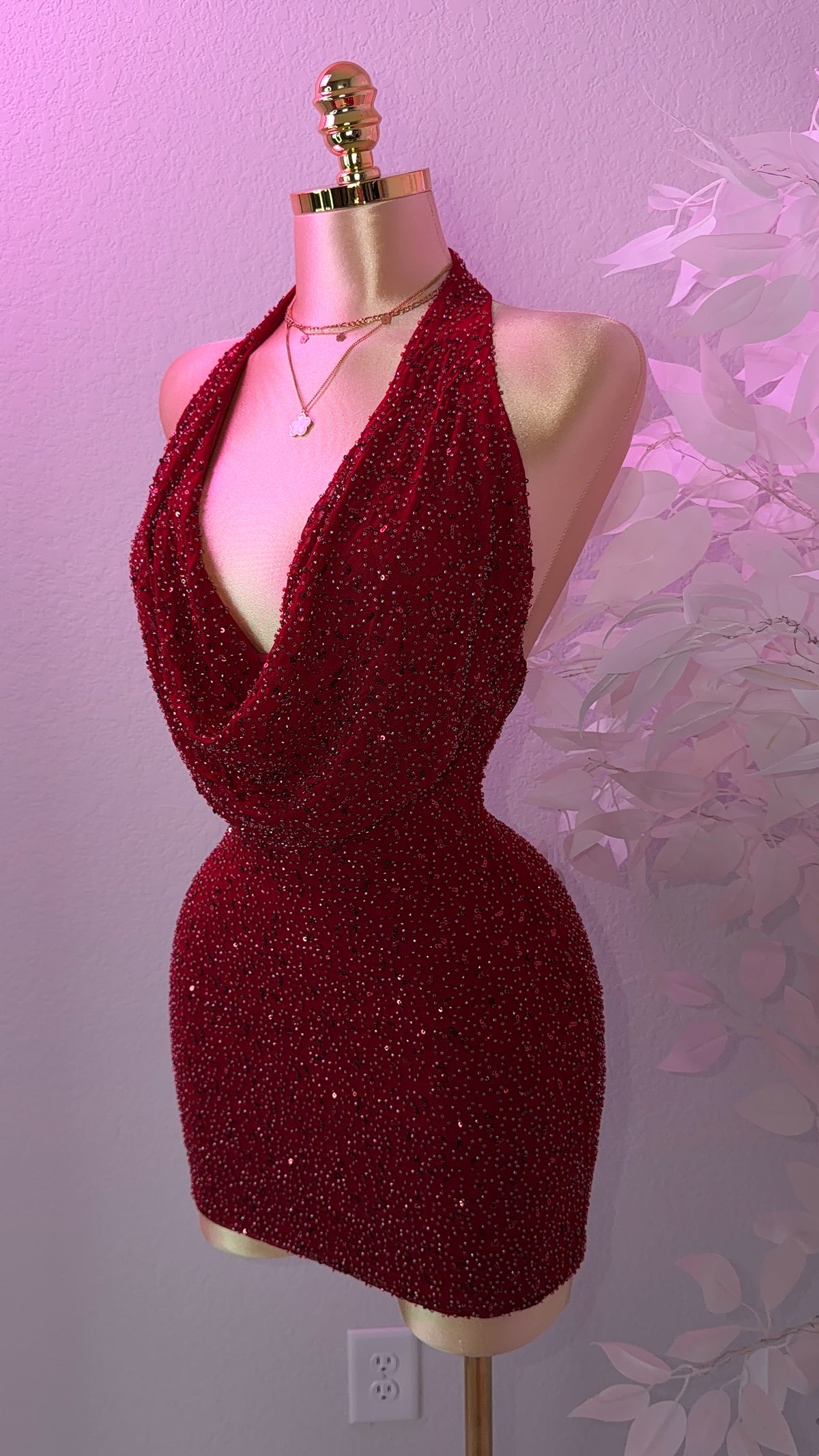 Diosa Beaded Mini Dress - Burgundy