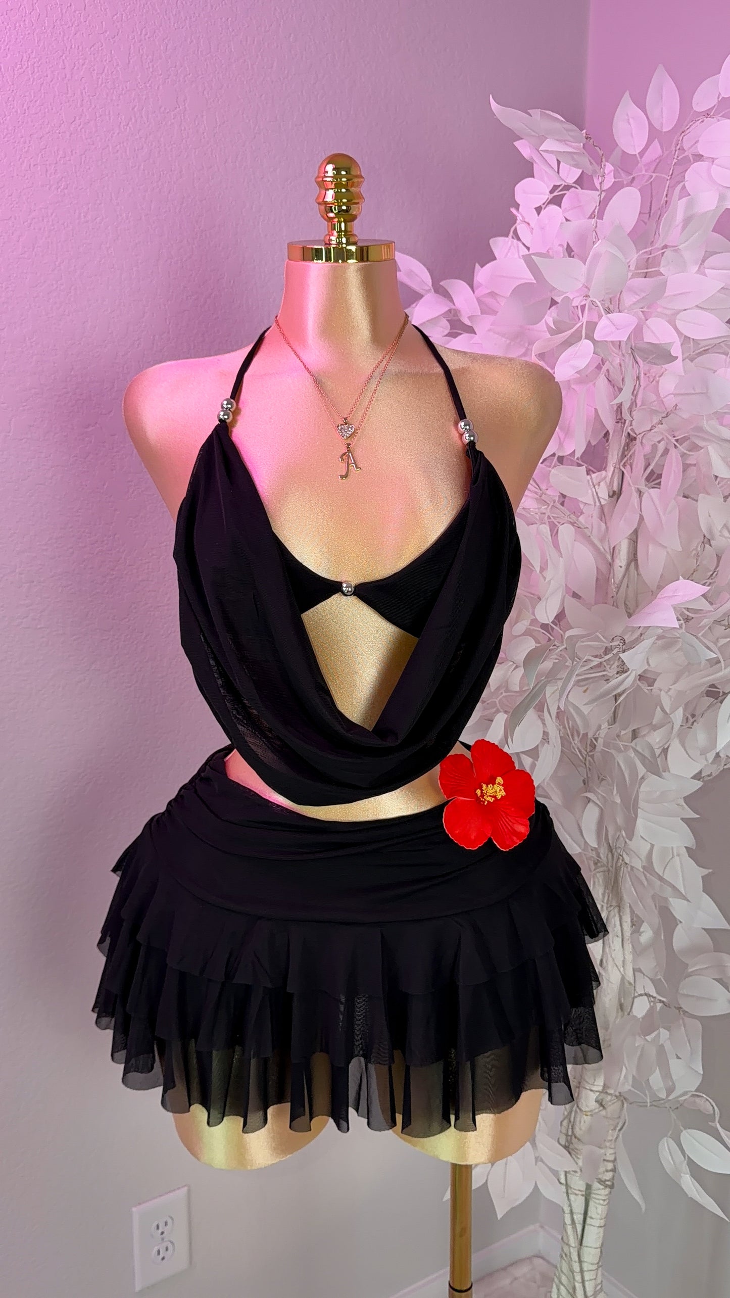 Gatubela Ruffle Mini Skirt Set - Black