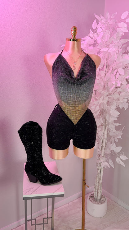 Sparklyyy Rhinestone Top - Black/Gold