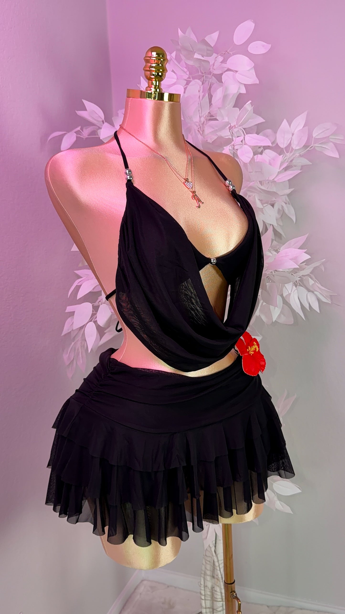 Gatubela Ruffle Mini Skirt Set - Black
