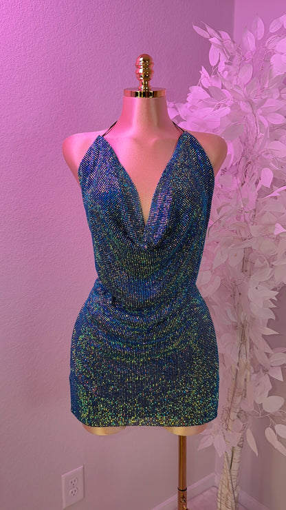 Ocean Rhinestone Mini Dress - Multi Blue
