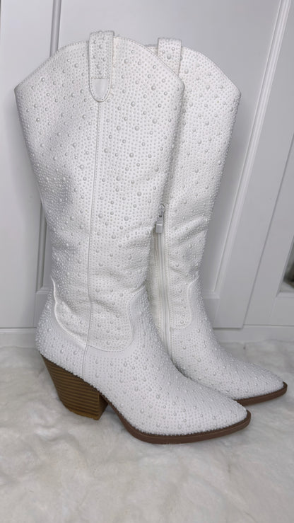 Anahi Rhinestone Western Boots - White