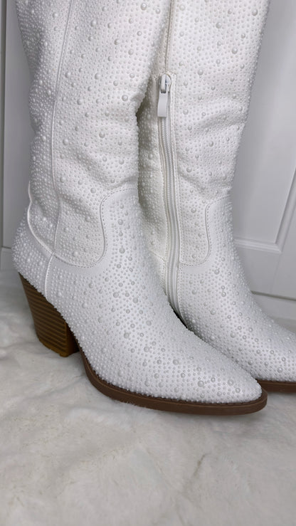 Anahi Rhinestone Western Boots - White
