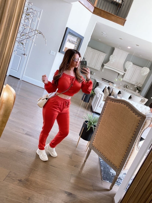 Orange Off Shoulder Jersey Pants Set